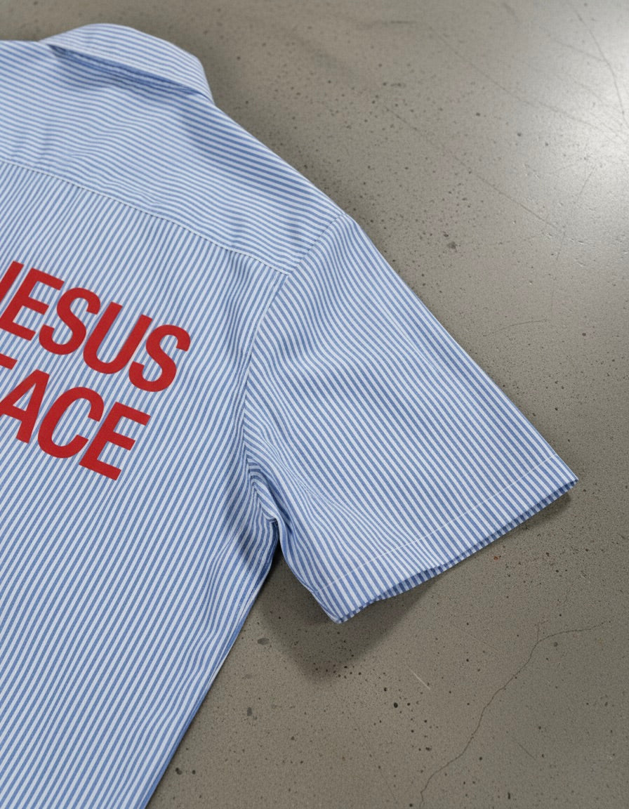 Know Jesus, Know Peace Oversized Blue Stripe Boxy Shirt | House Of Peace®