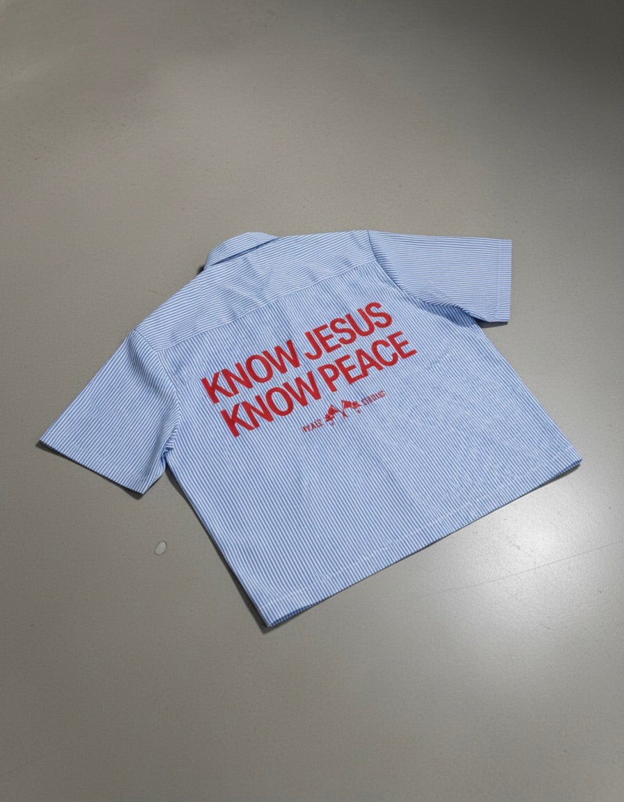 Know Jesus, Know Peace Oversized Blue Stripe Boxy Shirt | House Of Peace®