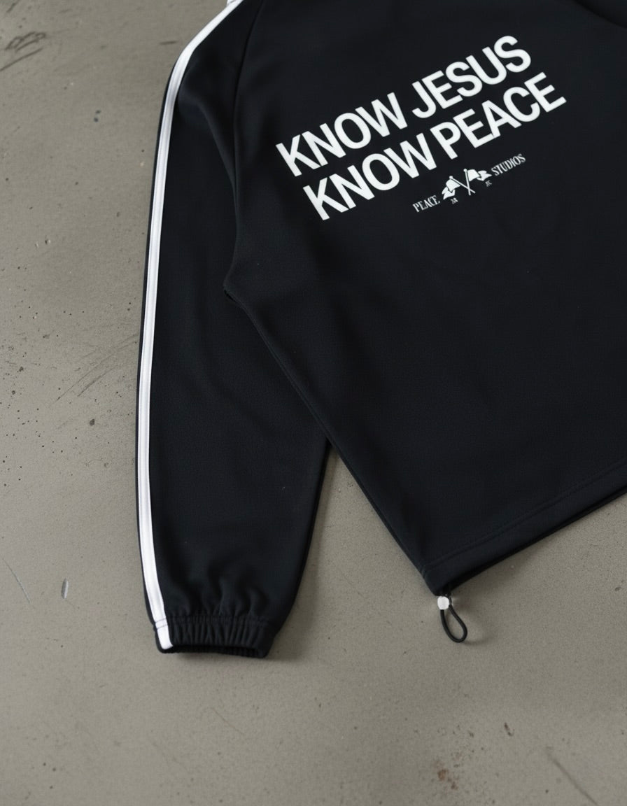 Know Jesus, Know Peace Signature Black Striped Collar Sweatshirt | House Of Peace®