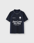 Jesus Loves You First Navy Blue Striped Soccer Jersey | House of Peace®