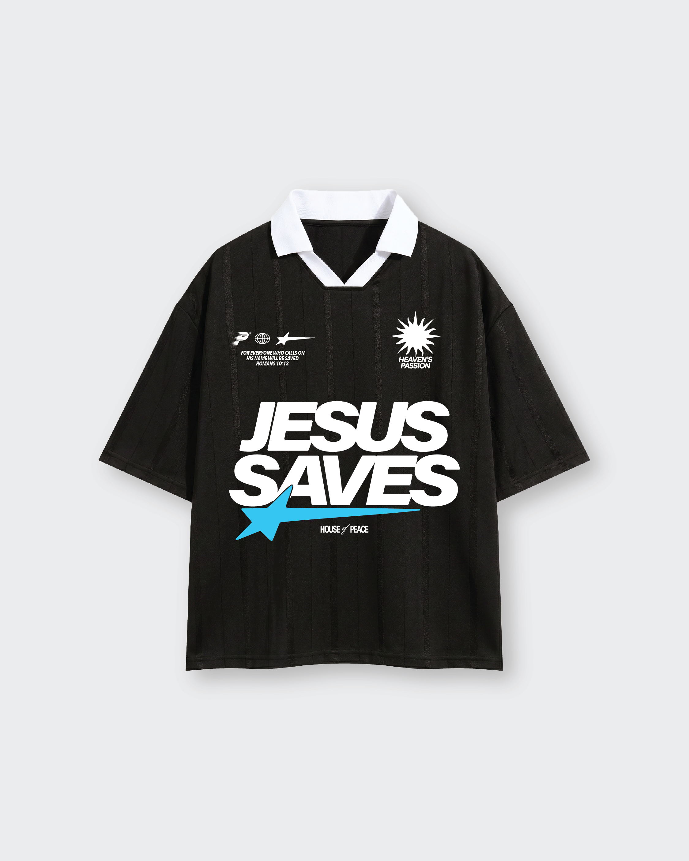 Jesus Saves Black Striped Boxy Soccer Jersey | House of Peace®