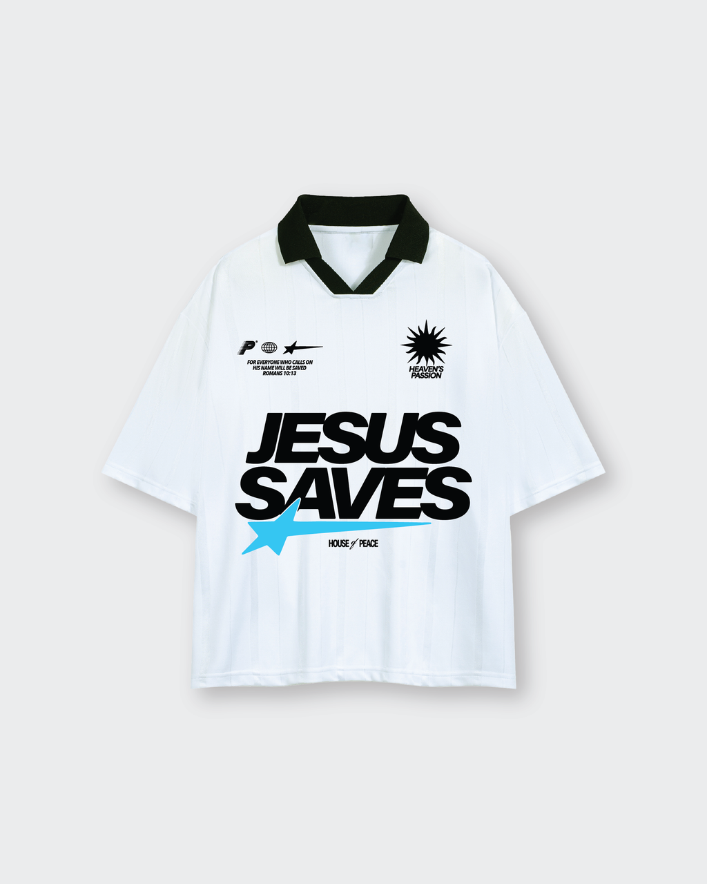 Jesus Saves White Striped Boxy Soccer Jersey | House of Peace®