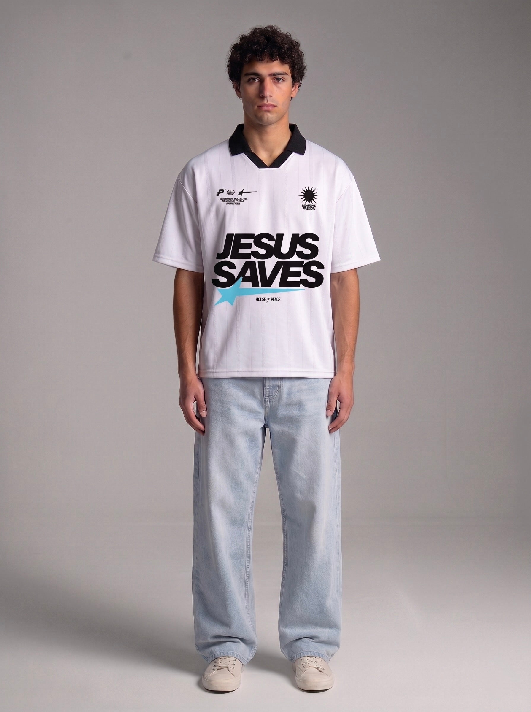 Jesus Saves White Striped Boxy Soccer Jersey | House of Peace®