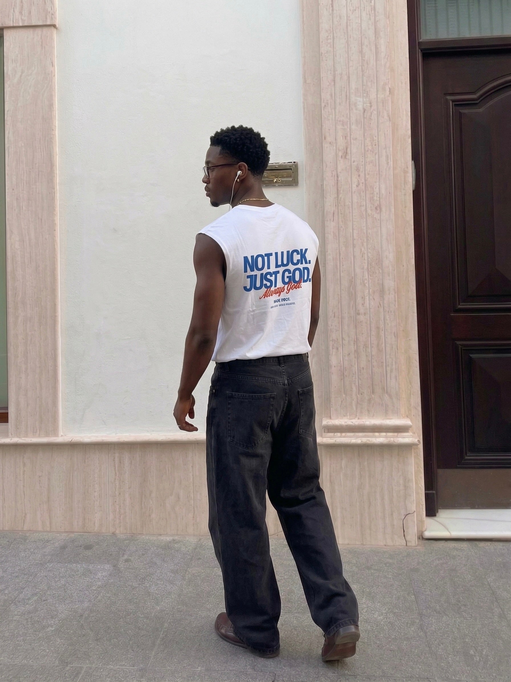 Not Luck Just God White Raw Edge Tank Top | House of Peace®