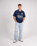 Jesus Loves You First Navy Blue Striped Soccer Jersey | House of Peace®