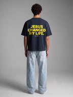 Jesus Changed My Life Navy Blue Boxy Drop Shoulder Tee | House of Peace®