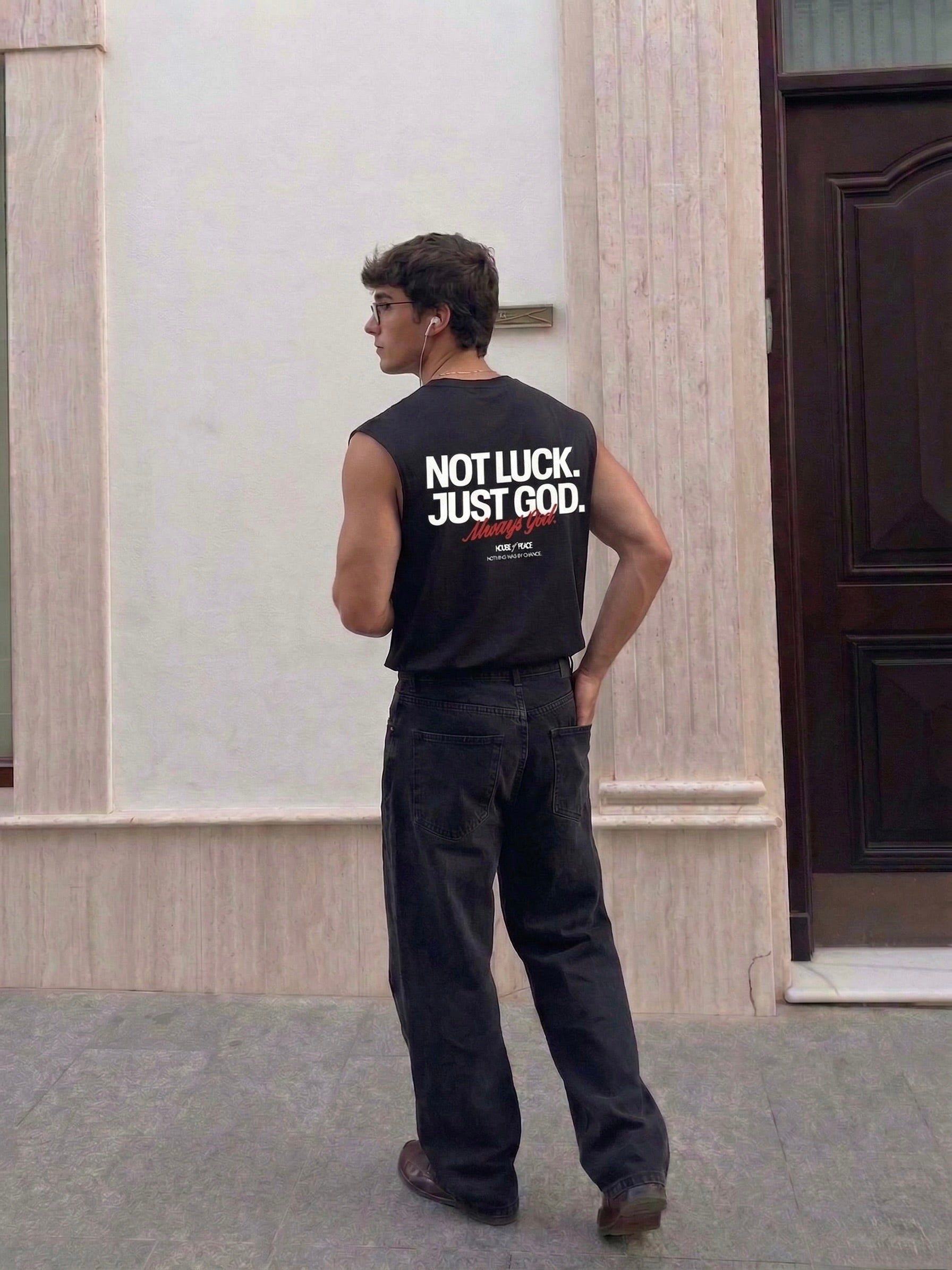 Not Luck Just God Black Raw Edge Tank Top | House of Peace®
