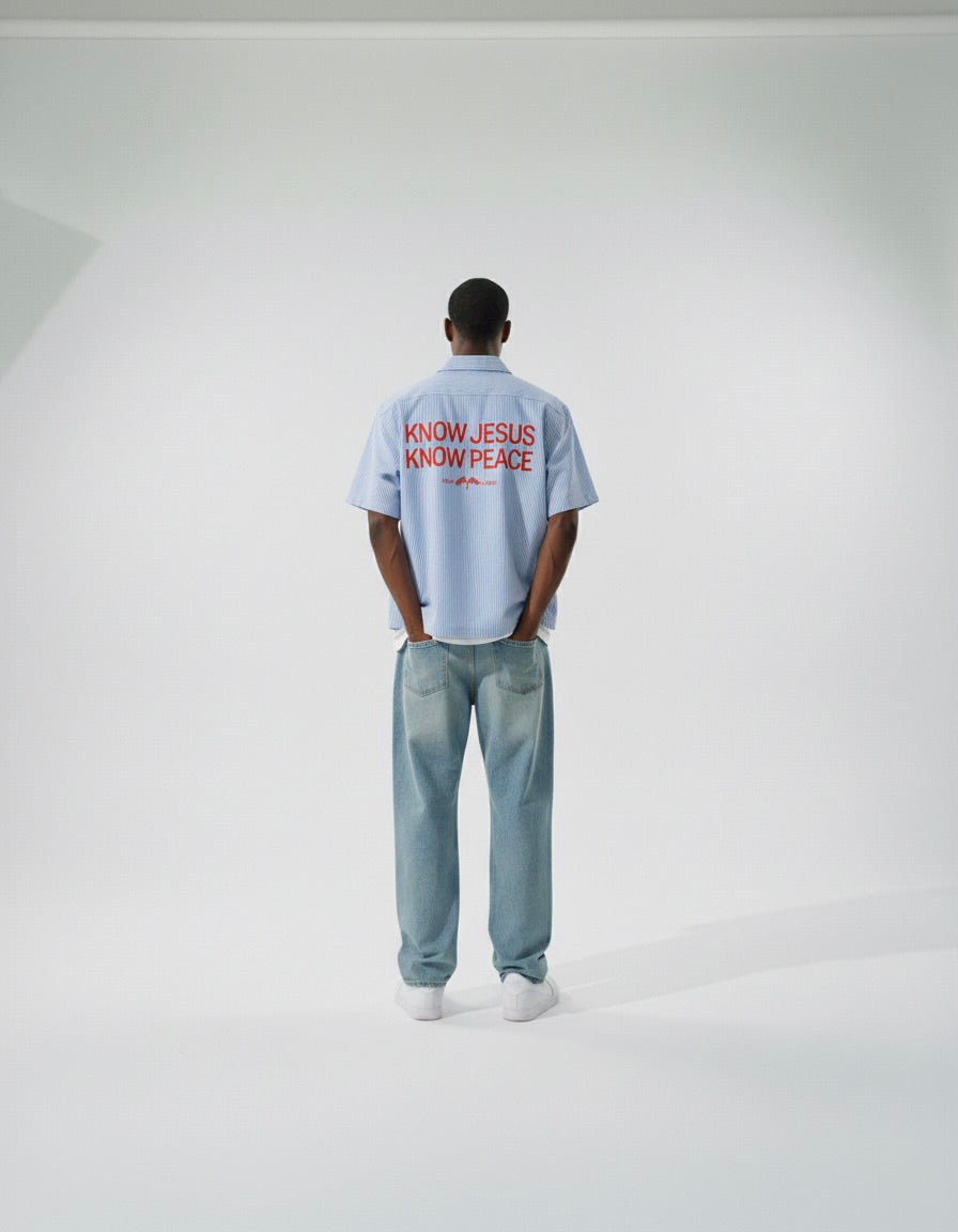 Know Jesus, Know Peace Oversized Blue Stripe Boxy Shirt | House Of Peace®