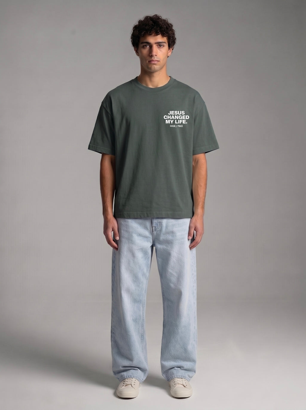 Jesus Changed My Life Gray Boxy Drop Shoulder Tee | House of Peace®