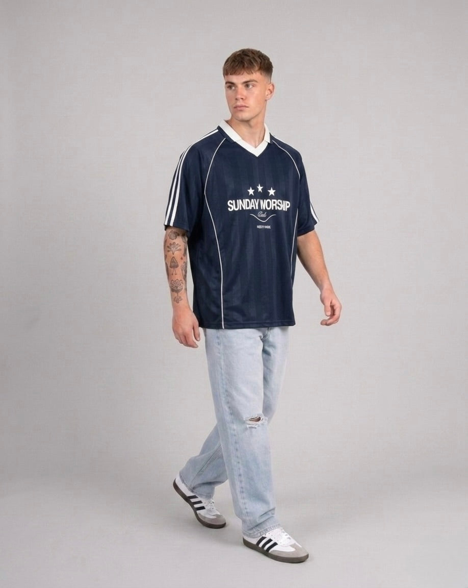 Sunday Worship Club Blue Stripe Soccer Jersey | House of Peace®