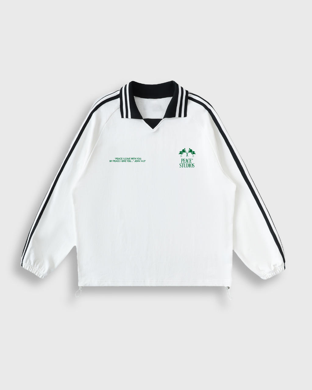 Know Jesus, Know Peace Signature White Striped Collar Sweatshirt | House Of Peace®