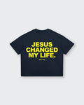 Jesus Changed My Life Navy Blue Boxy Drop Shoulder Tee | House of Peace®