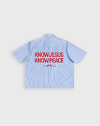 Know Jesus, Know Peace Oversized Blue Stripe Boxy Shirt | House Of Peace®