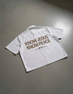 Know Jesus, Know Peace Oversized White Stripe Boxy Shirt | House Of Peace®