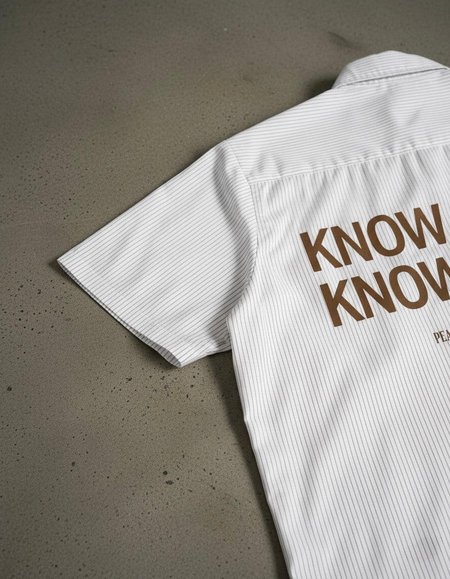 Know Jesus, Know Peace Oversized White Stripe Boxy Shirt | House Of Peace®