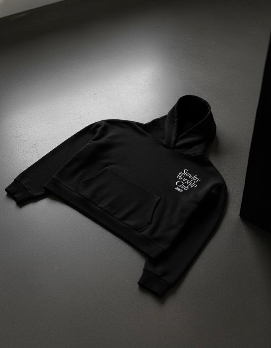 Sunday Worship Club Premium Black Boxy Hoodie | House Of Peace®